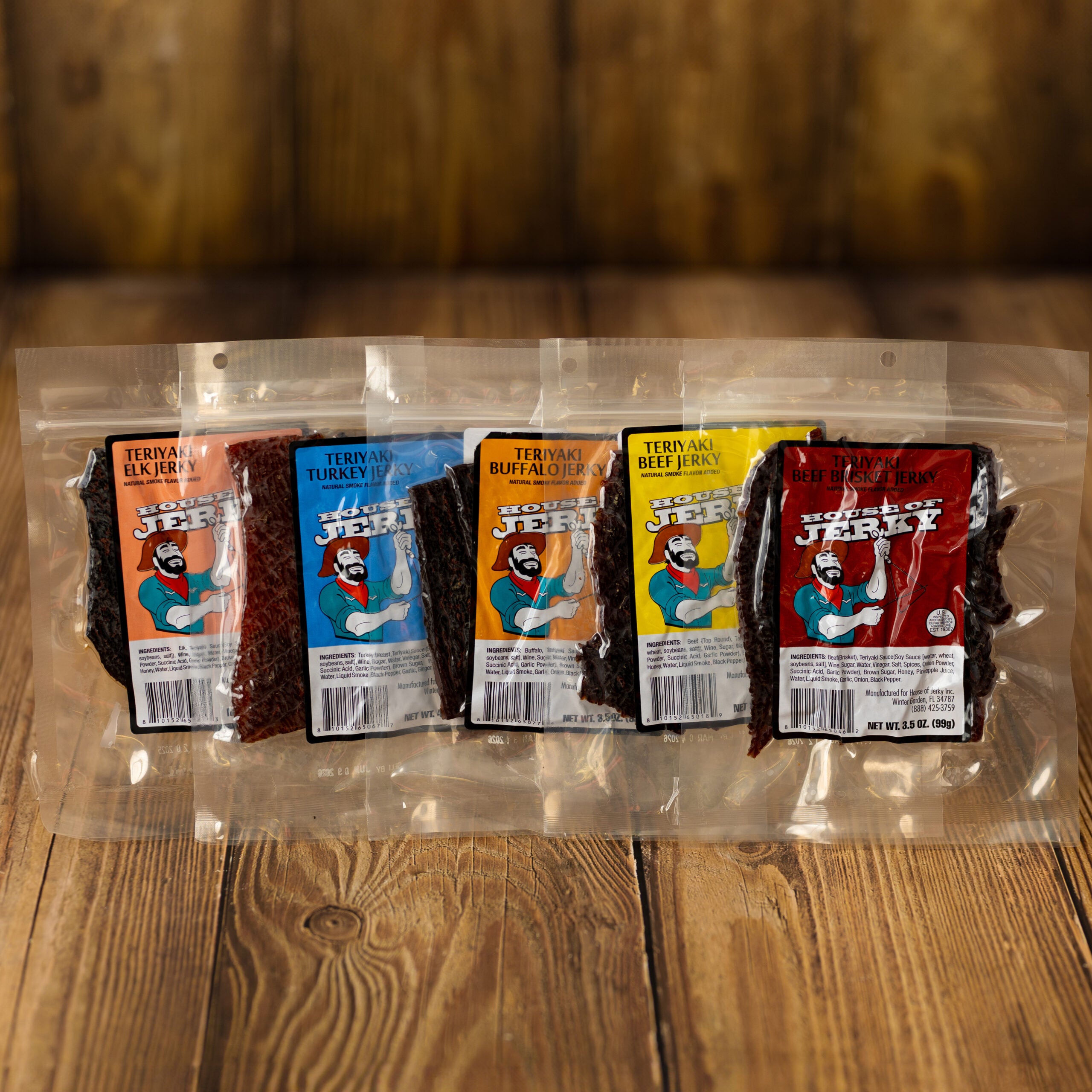 bags of teriyaki elk, teriyaki turkey, teriyaki buffalo, teriyaki beef and teriyaki beef brisket jerky