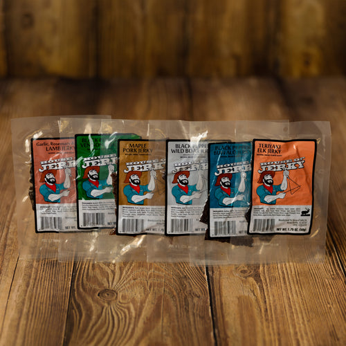 bags of game jerky - hot buffalo jerky, black pepper buffalo jerky, teriyaki buffalo jerky, black pepper venison jerky, black pepper elk jerky, black pepper wild boar jerky